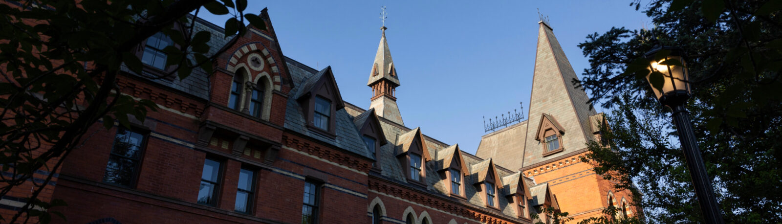 Top of the facade of Sage Hall on the Cornell University Campus.